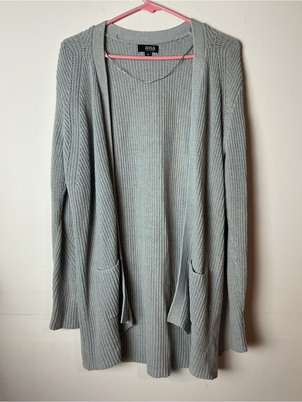 a.n.a Women’s Gray Rib-Knit Open-Front Cardigan Sweater Size M Pockets Cozy